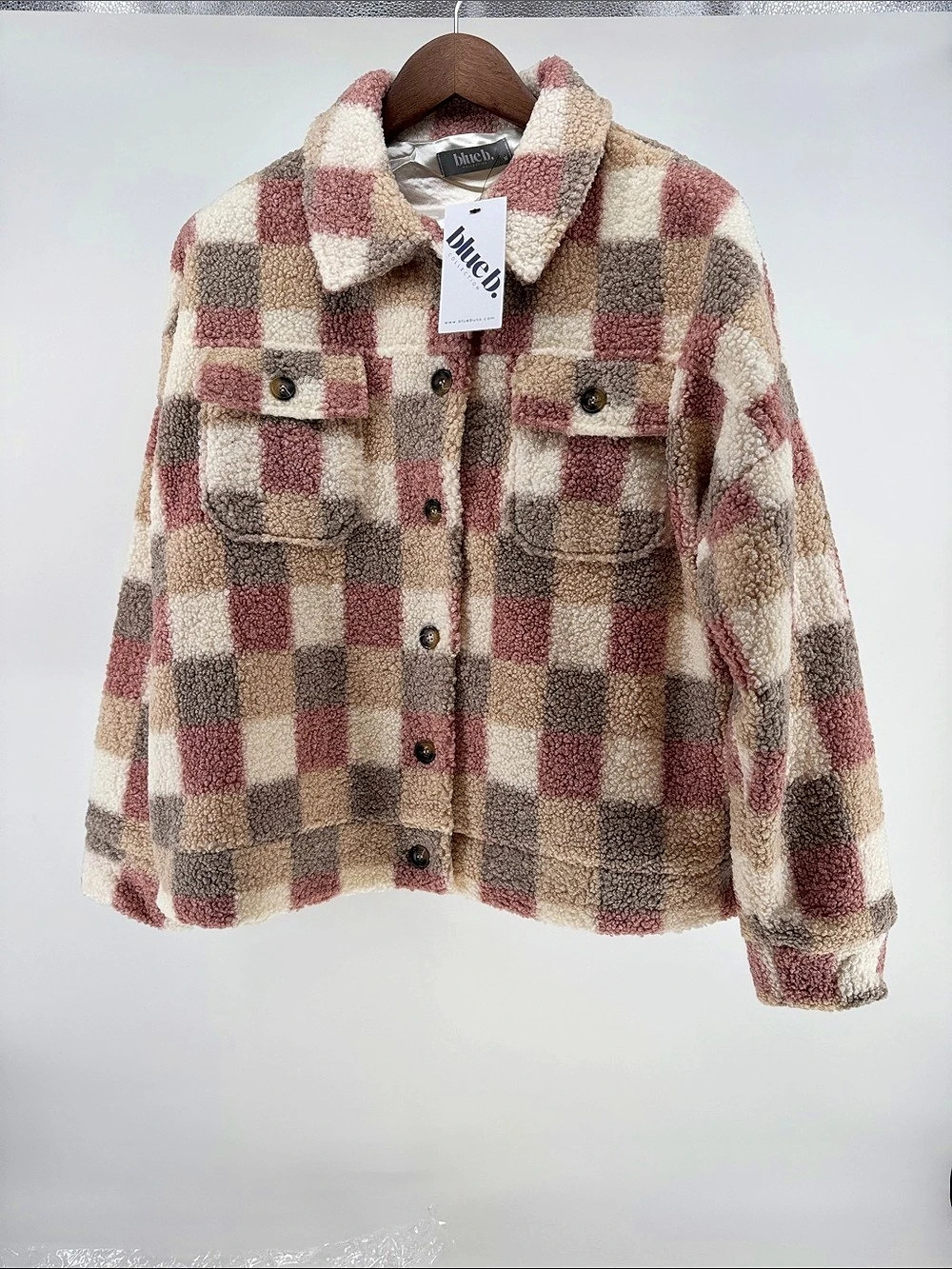 blueb. Plaid Sherpa Jacket. in Pink & Cream Size Medium NWT
